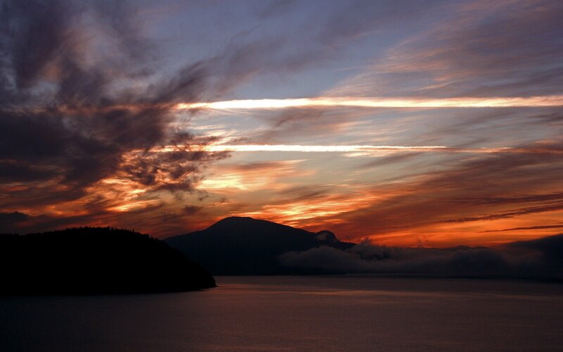 Mountain Silhouette at Sunset — Orange, Dramatic, Photograph, Mountains, Water