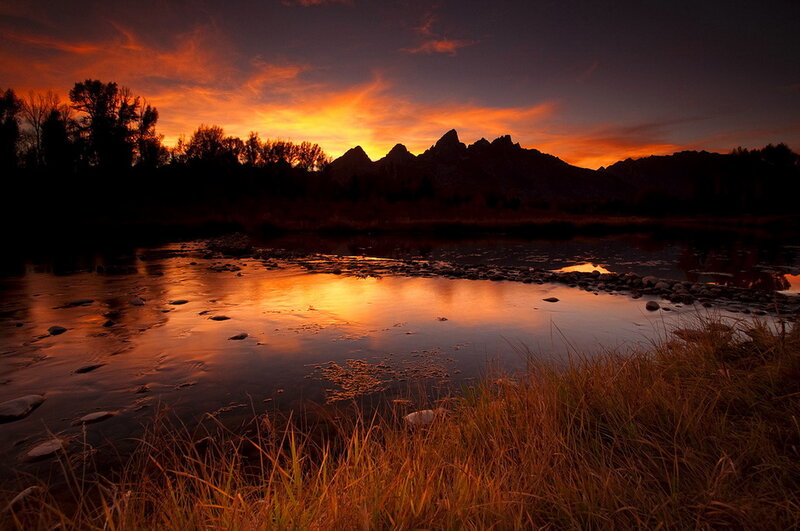 Mountain Silhouette at Sunset — Orange, Dramatic, Photograph, River
