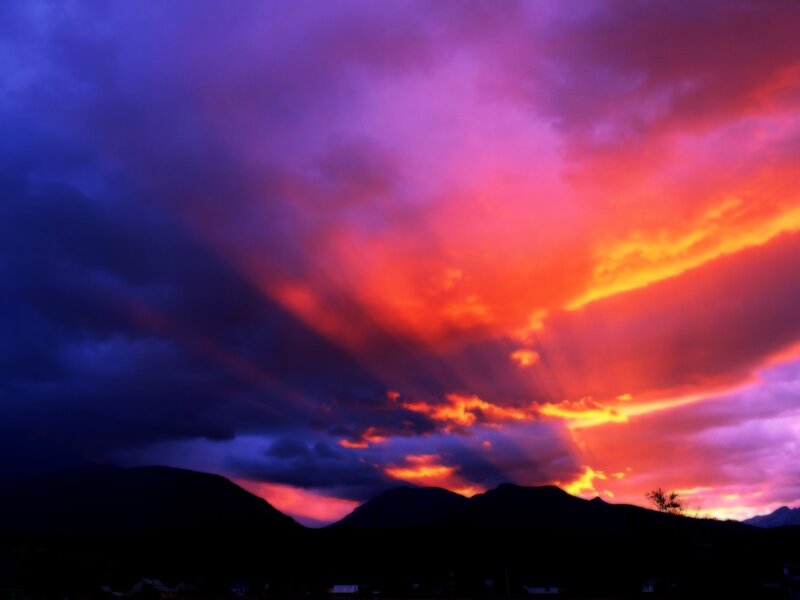 Mountain Silhouette at Sunset — Purple, Dramatic, Photograph, Clouds, Sky, Mountains, Red