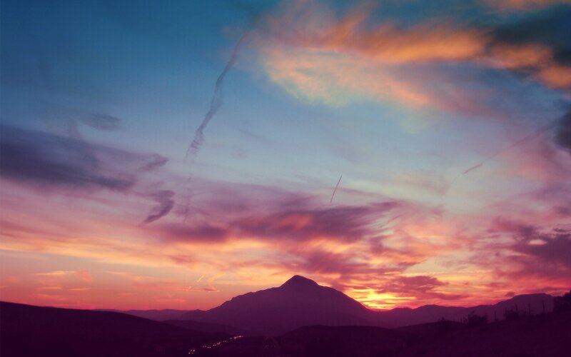 Mountain Silhouette at Sunset — Purple, Dramatic, Photograph, Clouds, Sky, Road