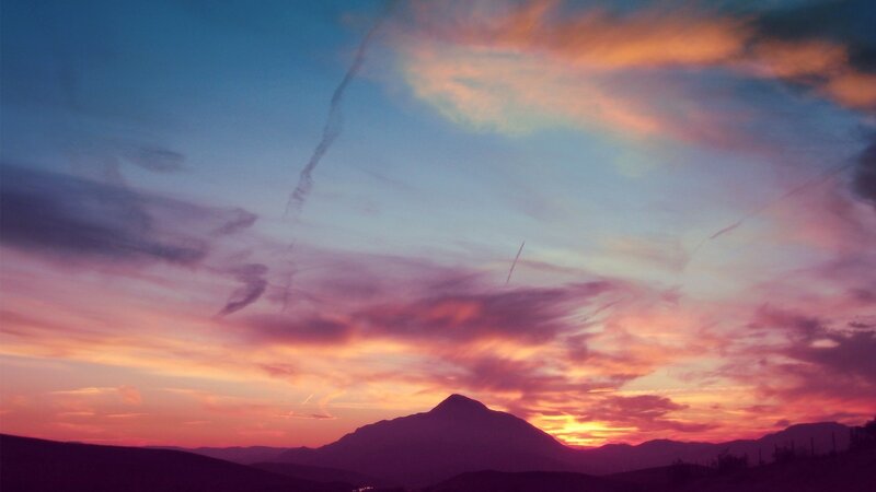 Mountain Silhouette at Sunset — Purple, Dramatic, Photograph, Clouds, Sky, Sun
