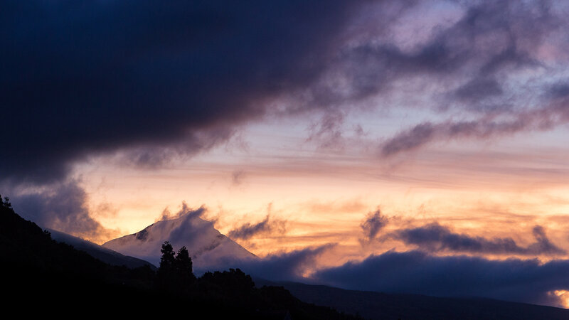 Mountain Silhouette at Sunset — Purple, Dramatic, Photograph, Clouds, Sky, Trees