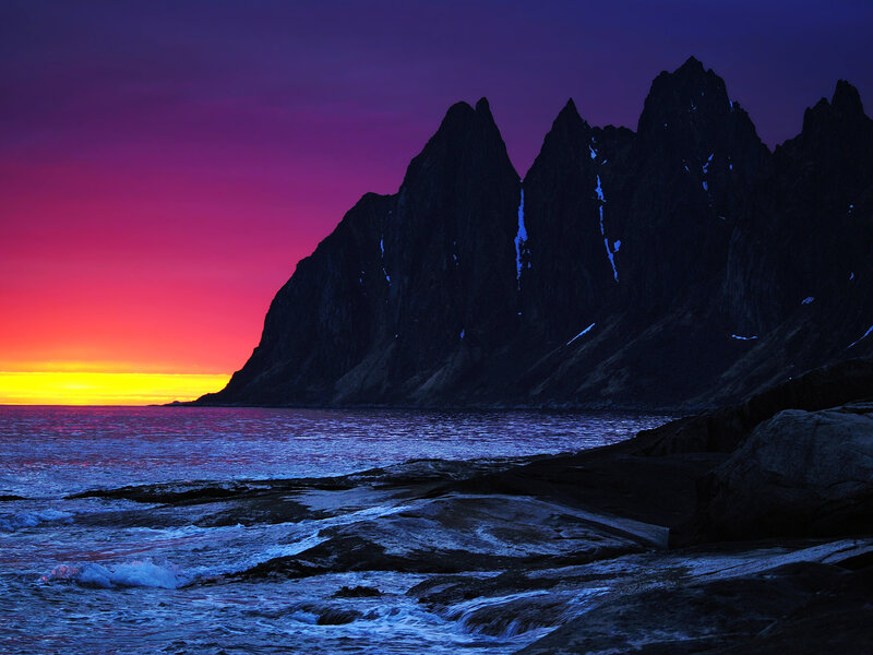 Mountain Silhouette at Sunset — Purple, Dramatic, Photograph, Ocean, Sky