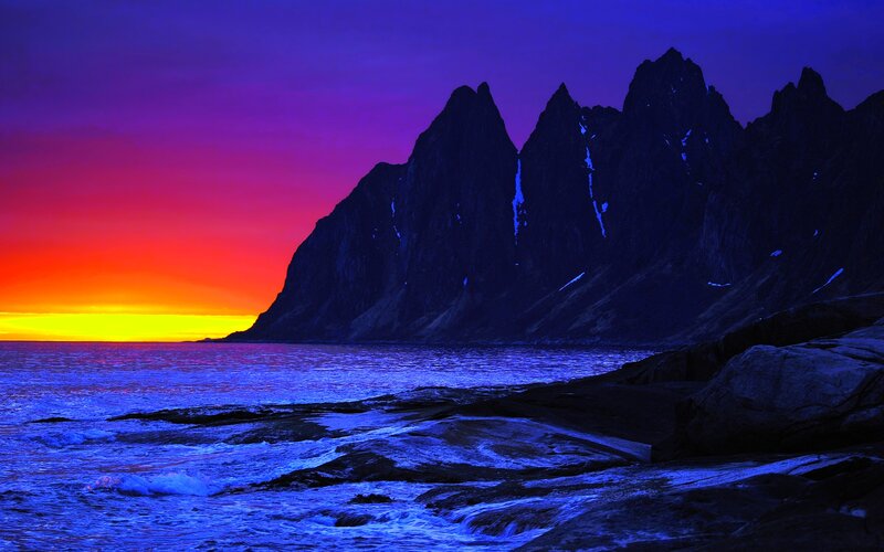 Mountain Silhouette at Sunset — Purple, Dramatic, Photograph, Ocean