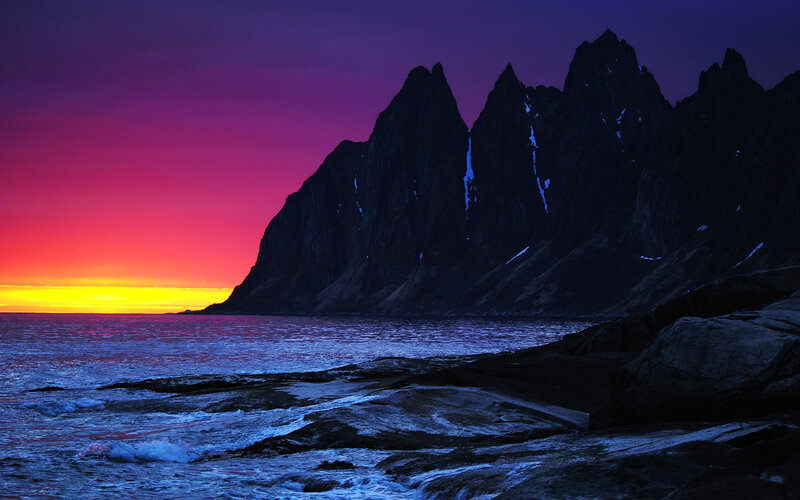 Mountain Silhouette at Sunset — Purple, Dramatic, Photograph, Sea