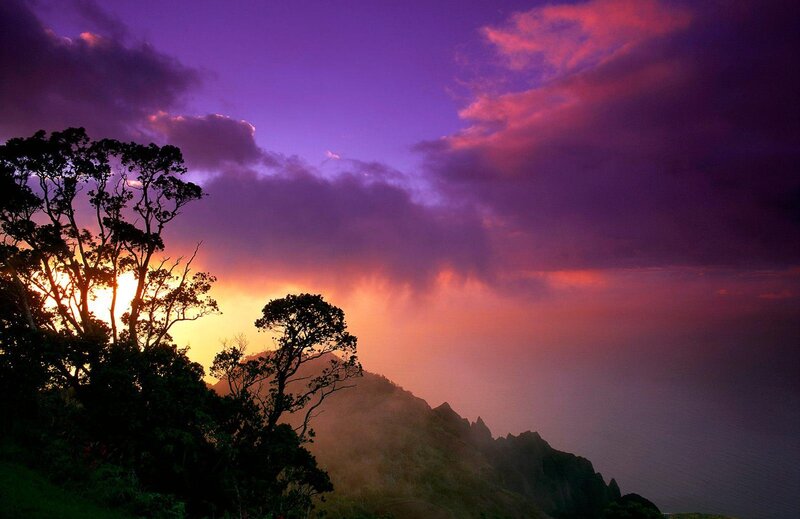 Mountain Silhouette at Sunset — Purple, Dramatic, Photograph, Trees, Clouds