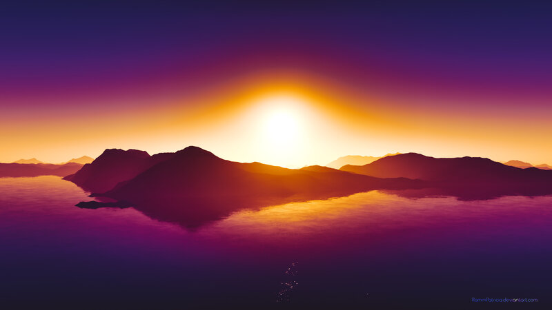 Mountain Silhouette at Sunset — Purple, Serene, Digital Art, Sun, Water