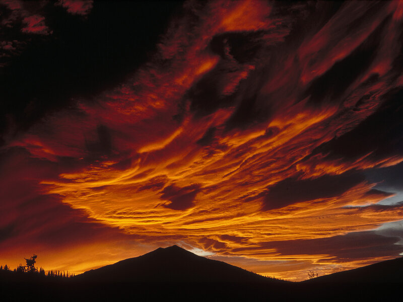 Mountain Silhouette at Sunset — Red, Dramatic, Photograph, Clouds
