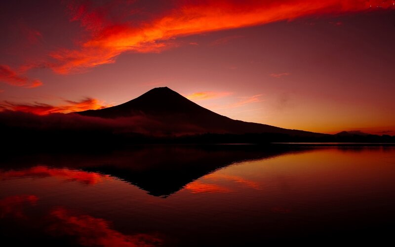 Mountain Silhouette at Sunset — Red, Dramatic, Photograph, Sky, Lake, Clouds
