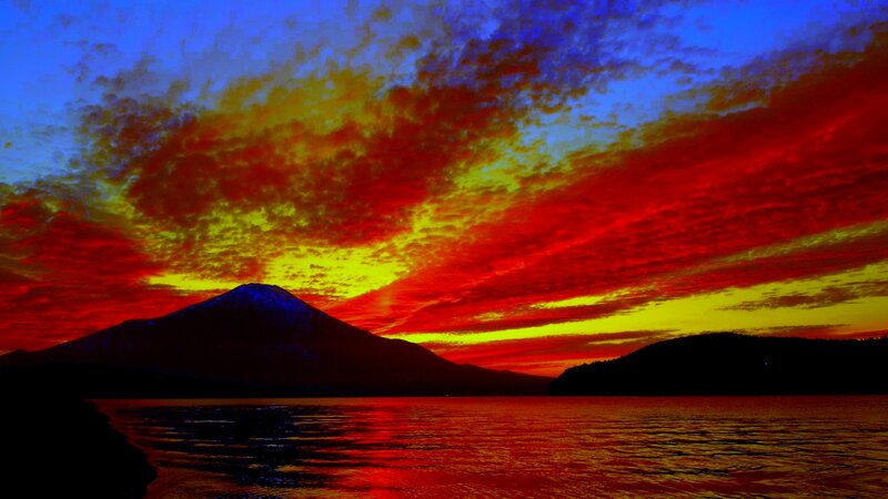 Mountain Silhouette at Sunset — Red, Dramatic, Photograph, Sky