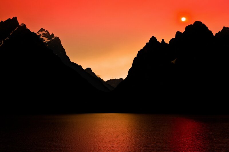 Mountain Silhouette at Sunset — Red, Dramatic, Photograph, Sun