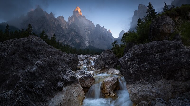 Mountain Stream at Dusk — Blue, Dramatic