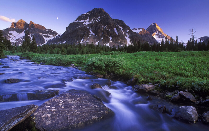 Mountain Stream at Dusk — Blue, Serene, Night, Photograph, Mountains, River, Trees, Moon, Green