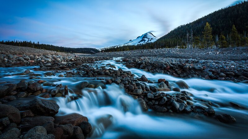 Mountain Stream at Dusk — Blue, Serene, Photograph, River