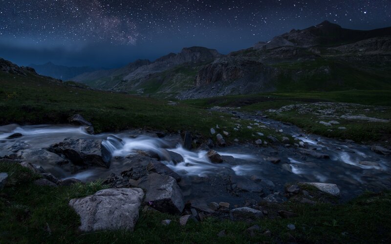 Mountain Stream at Night — Blue