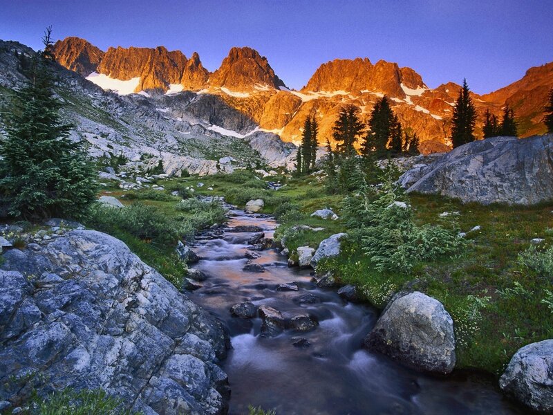Mountain Stream at Sunrise — Blue, Serene, Photograph, Mountains