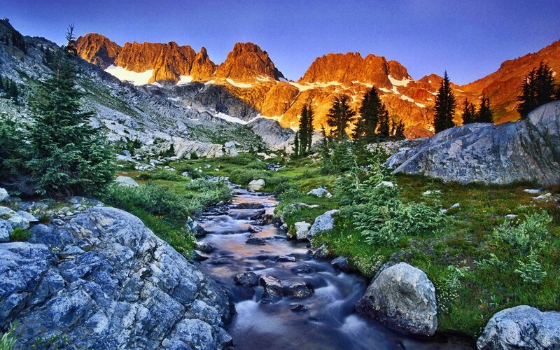 Mountain Stream at Sunrise — Blue, Serene, Photograph, Mountains, Trees, Rocks