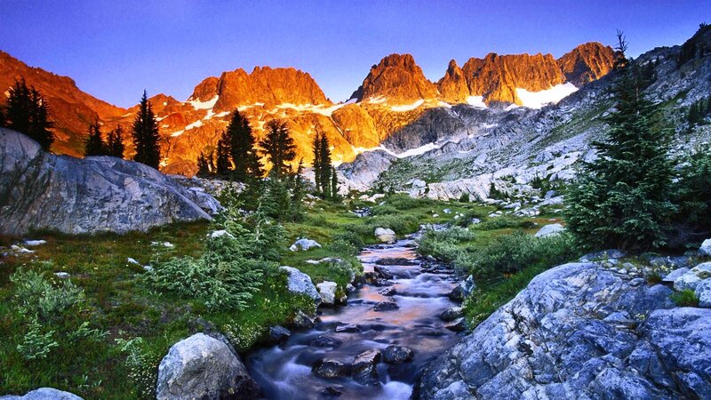 Mountain Stream at Sunrise — Blue, Serene, Photograph