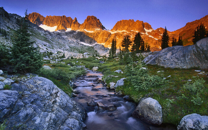 Mountain Stream at Sunrise — Blue, Serene