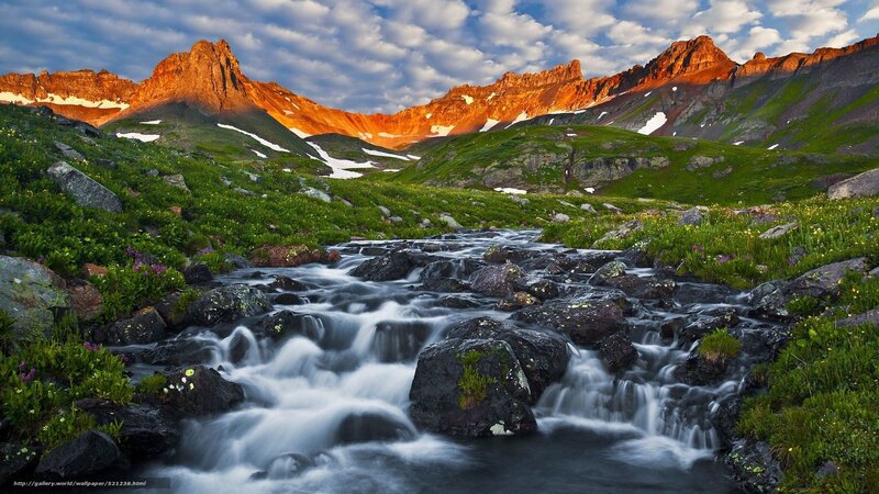 Mountain stream at sunset