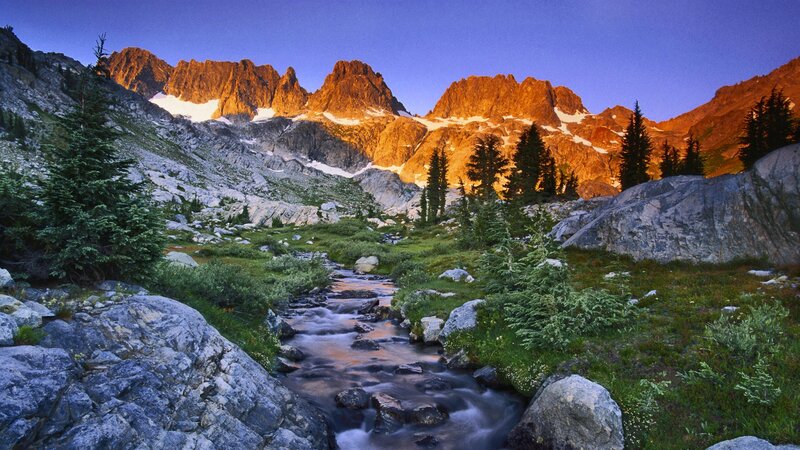 Mountain stream at sunset