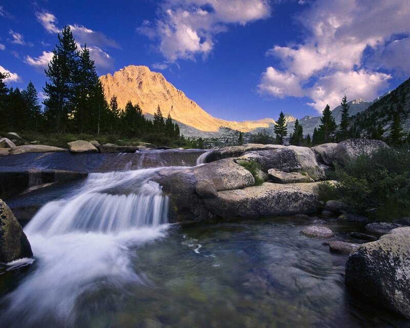 Mountain stream at sunset