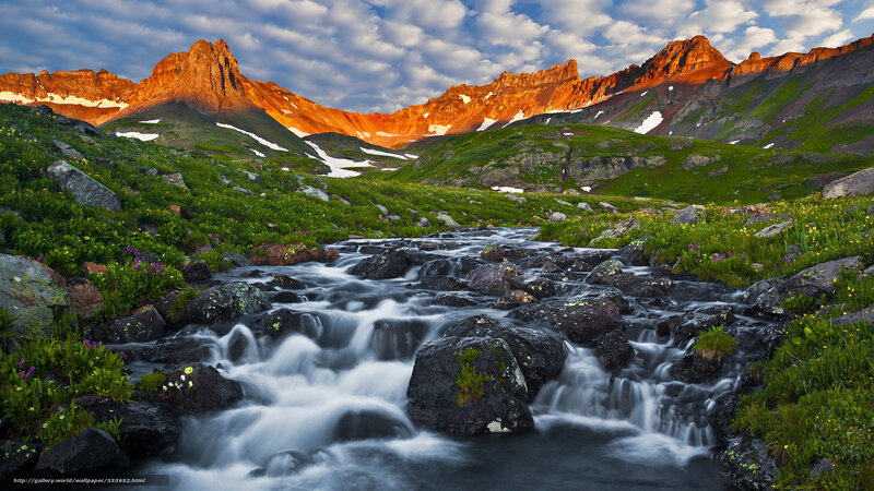 Mountain stream at sunset