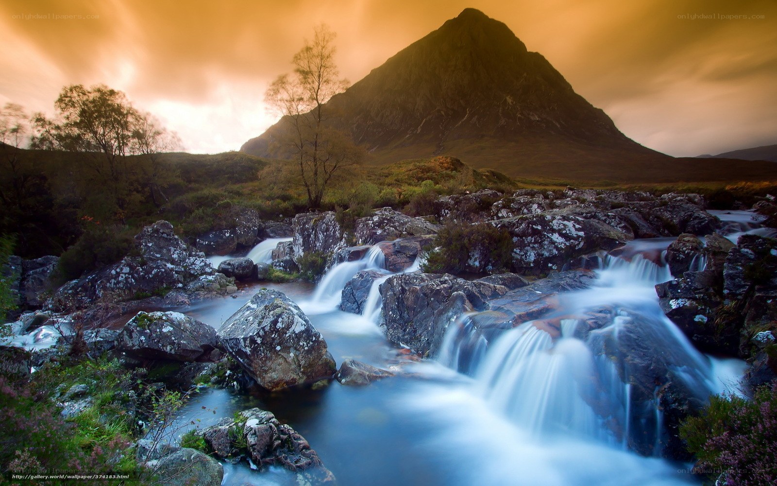 Mountain stream at sunset