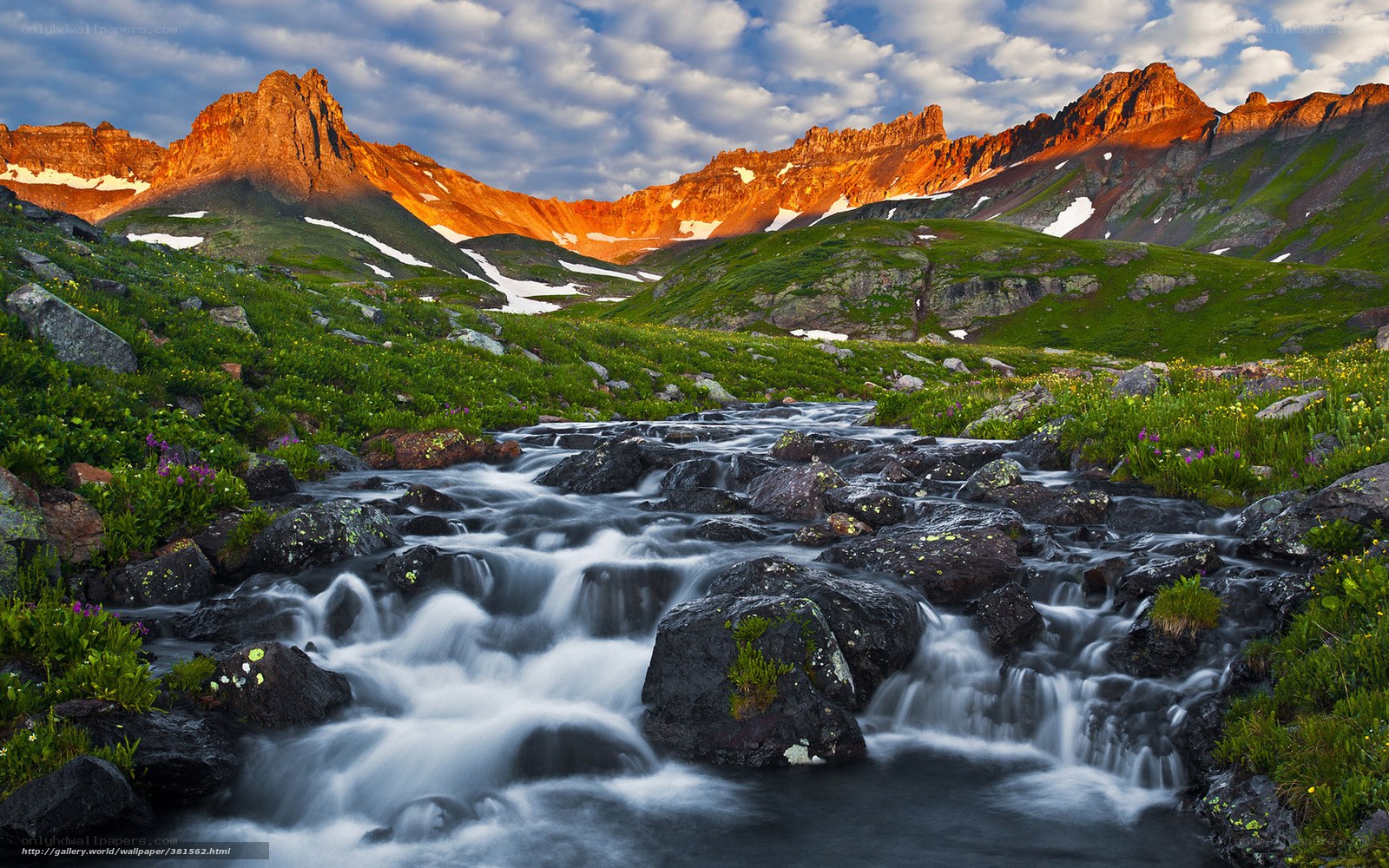 Mountain stream at sunset