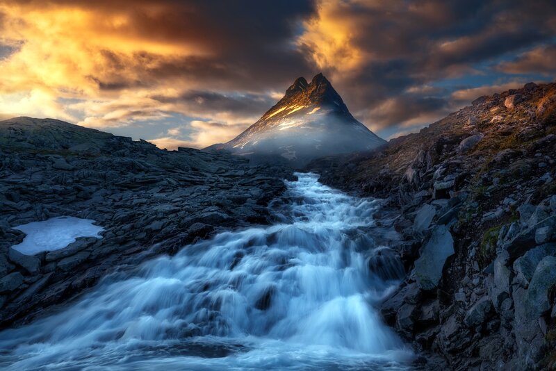 Mountain Stream at Sunset — Blue, Dramatic