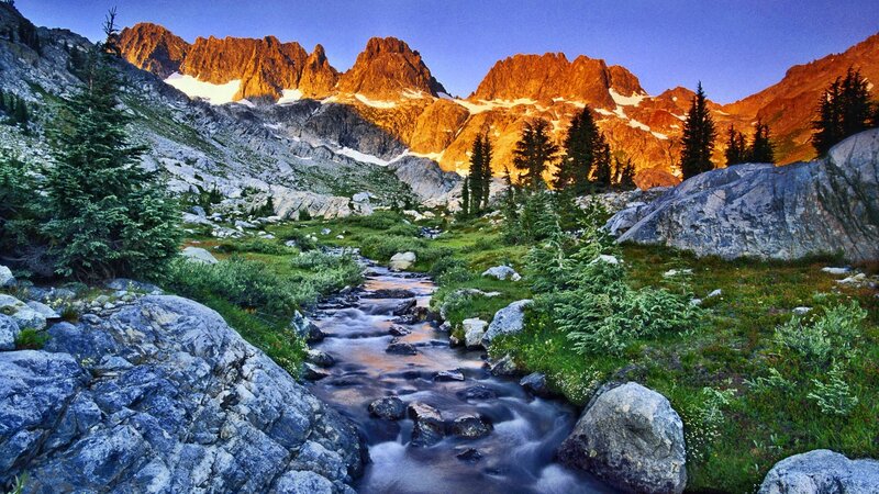 Mountain Stream at Sunset — Blue, Serene