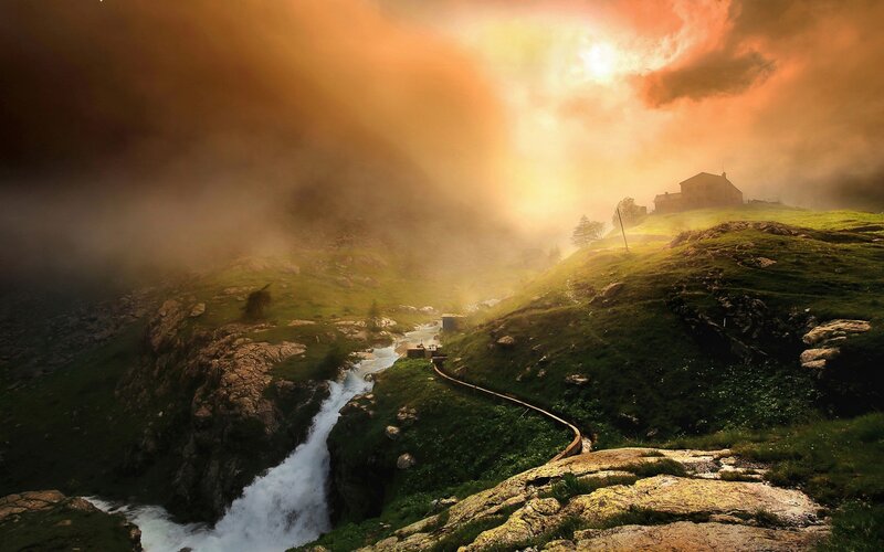 Mountain Stream at Sunset — Green, Dramatic