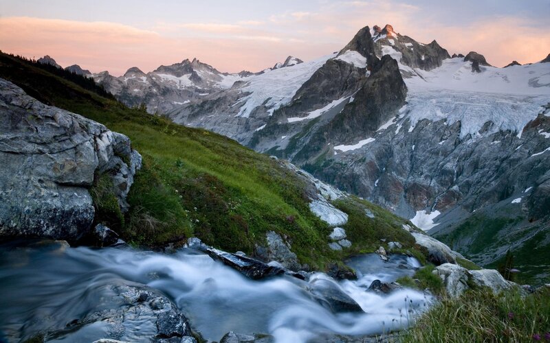 Mountain Stream at Sunset — Green, Serene, Photograph, Mountains, Glacier, Grass, Blue, Gray