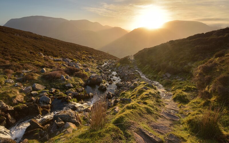 Mountain Stream at Sunset — Green, Serene, Photograph, Mountains