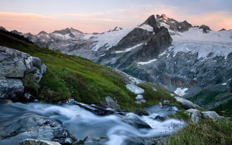 Mountain Stream at Sunset — Green, Serene, Photograph
