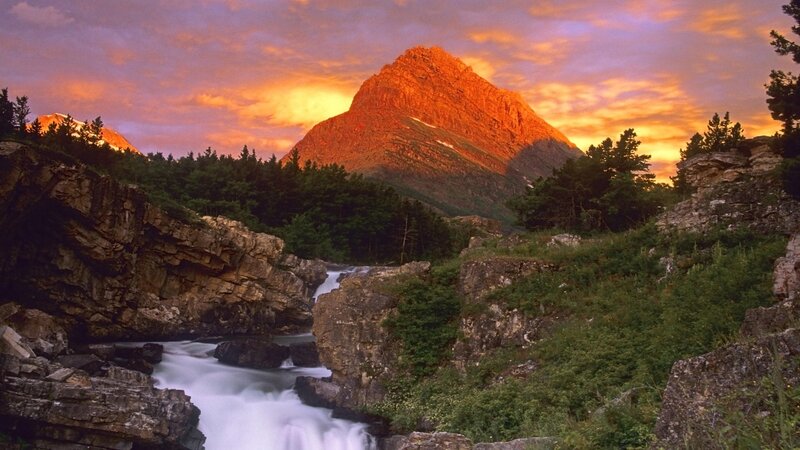 Mountain Stream at Sunset — Orange, Dramatic, Photograph, River