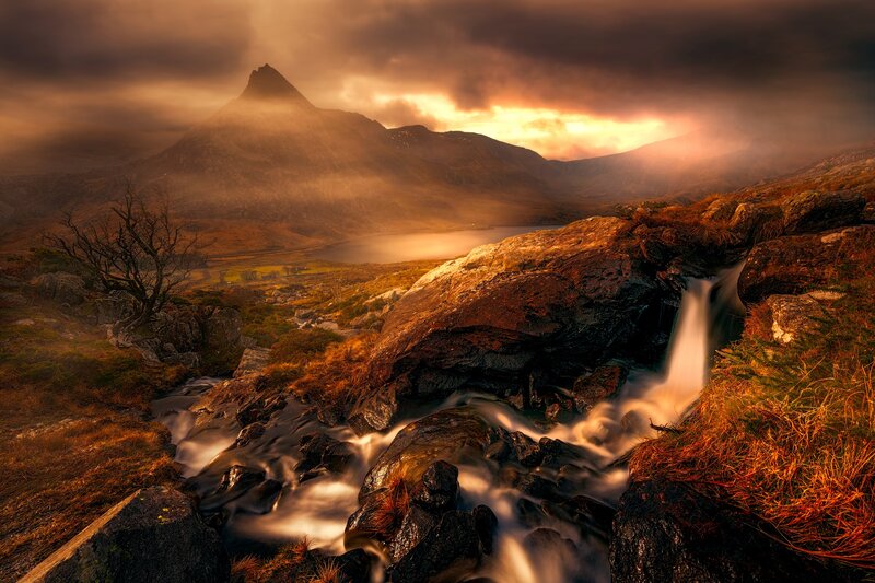Mountain Stream at Sunset — Orange, Dramatic
