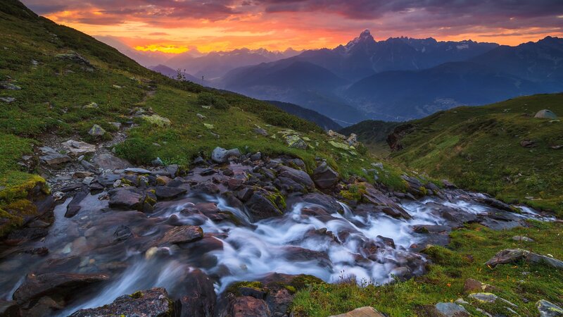 Mountain Stream at Sunset — Orange, Serene