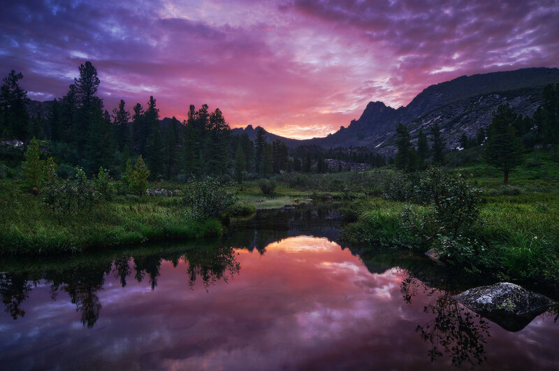 Mountain Stream at Sunset — Purple