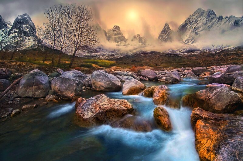 Mountain Stream Flowing — Blue, Dramatic