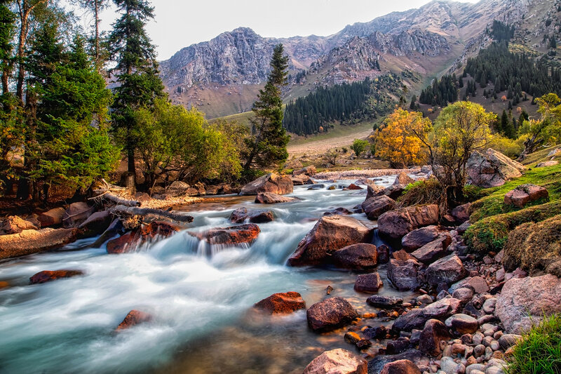 Mountain Stream Flowing — Green, Serene, Autumn