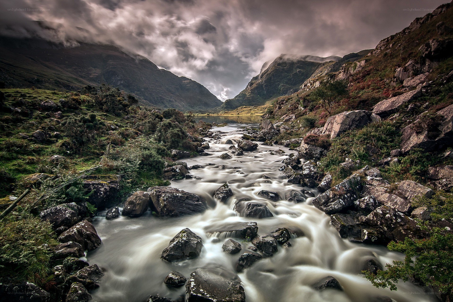 Mountain stream flowing through valley