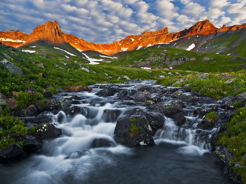 Mountain Stream in Alpine Meadow — Green, Serene, Sunset, Photograph