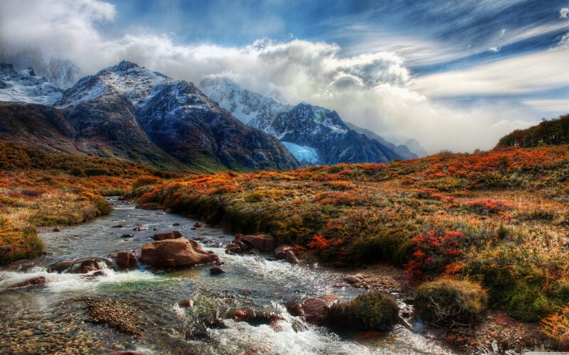 Mountain Stream in Autumn — Blue, Dramatic, Photograph, Snow-capped Mountains, River, Autumn Foliage, Clouds