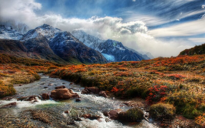 Mountain Stream in Autumn — Blue, Dramatic, Photograph, Snow-capped Mountains, River