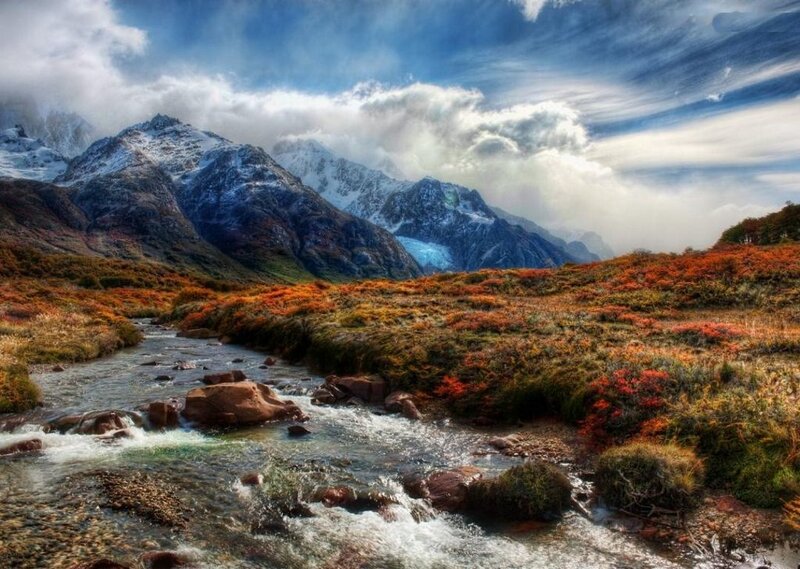 Mountain Stream in Autumn — Blue, Dramatic, Photograph, Snow-capped Mountains