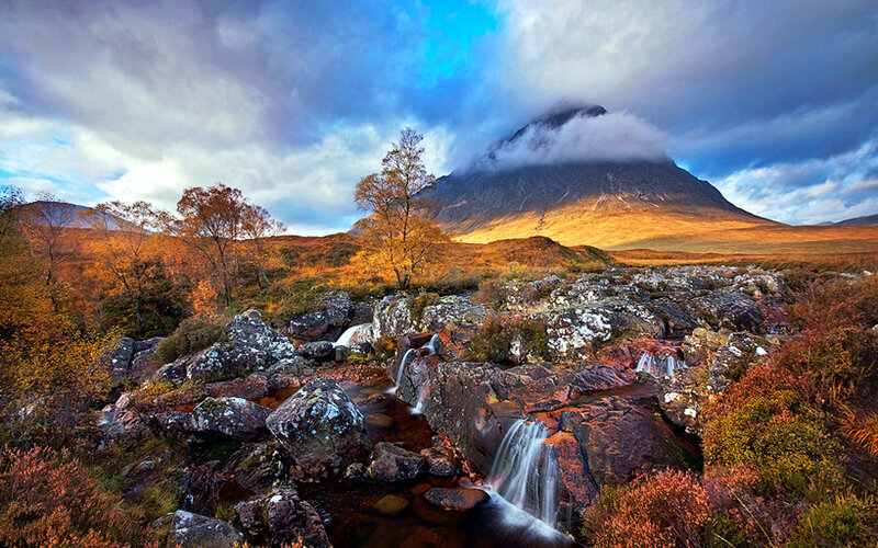 Mountain Stream in Autumn — Blue, Dramatic, Photograph, Trees