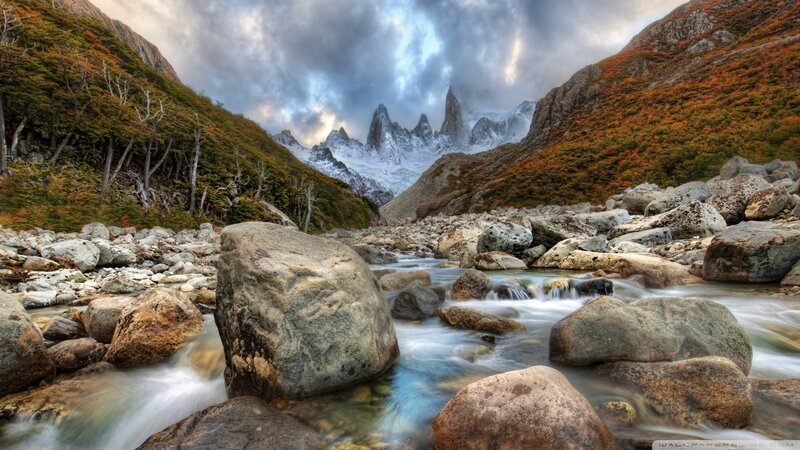 Mountain Stream in Autumn — Green, Dramatic