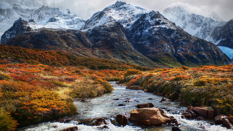 Mountain Stream in Autumn — Orange, Dramatic, Photograph, Snow-capped Mountains