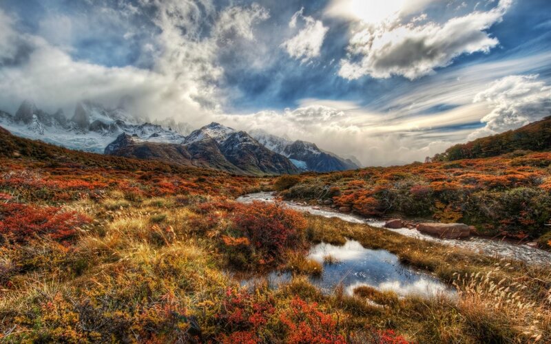 Mountain Stream in Autumn — Orange, Dramatic, Photograph